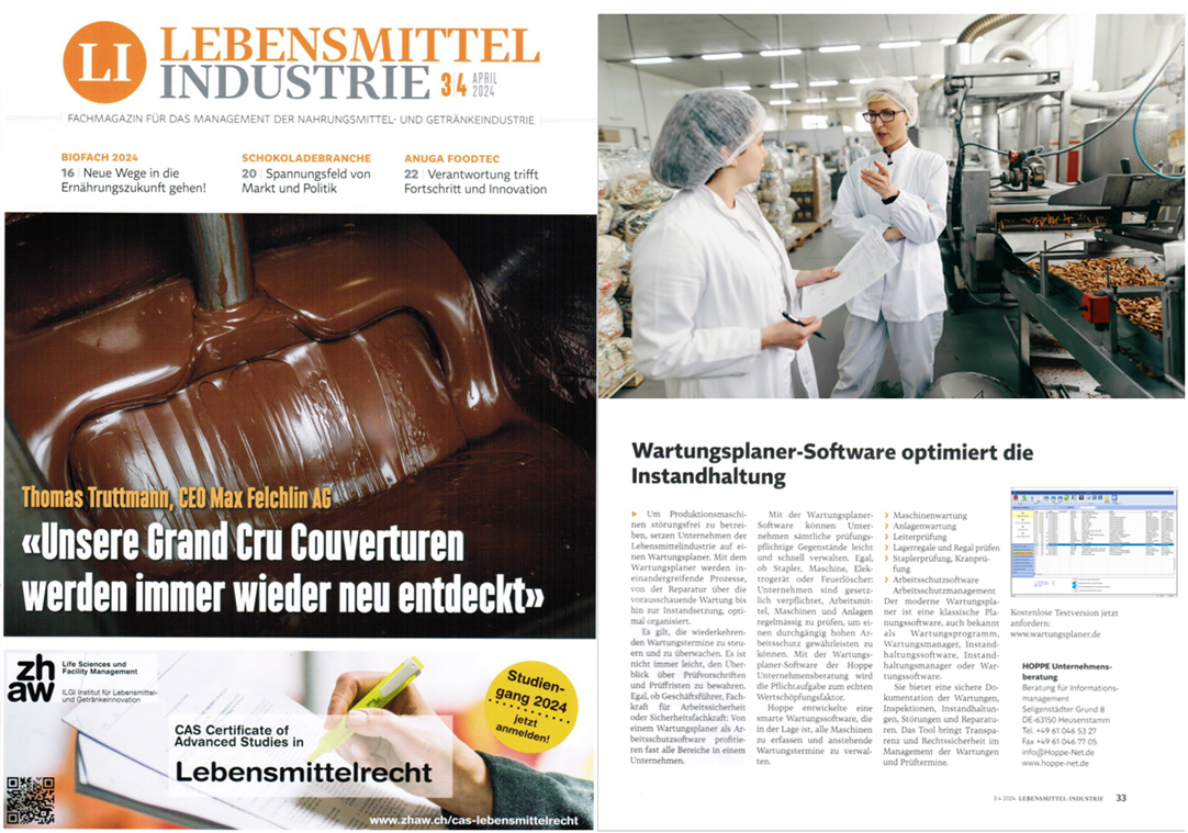 Lebensmittelindustrie Mai/24 - B2B Swiss Medien AG. Wartungsplaner Software optimiert die Instandhaltung in der Lebensmittel Industrie