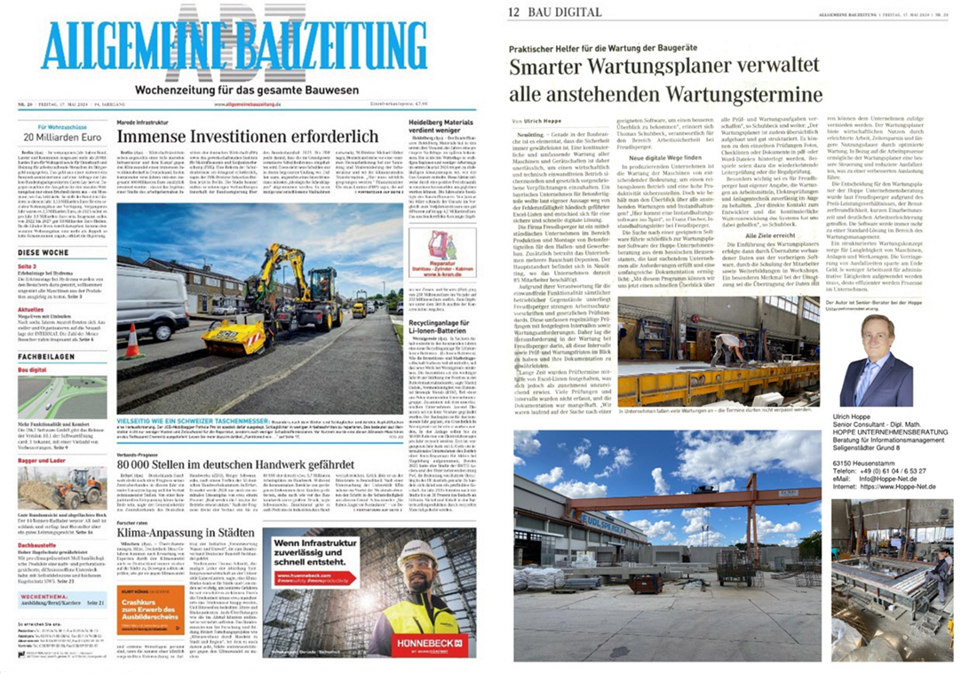 Allgemeine Bauzeitung Mai/24 -  Patzer Verlag. Smarter Wartungsplaner verwaltet k�nftig alle anstehenden Wartungstermine