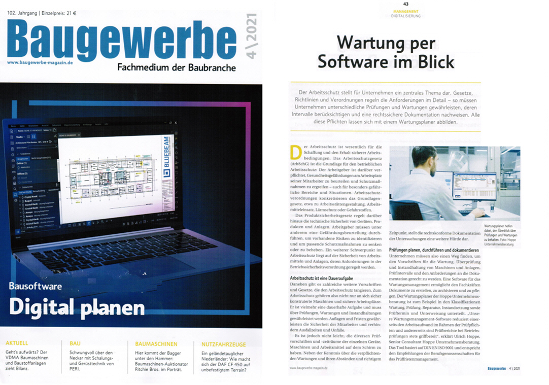 Baugewerbe-Magazin - April/21 - Wartungsplaner hilft dabei, den �berblick �ber Wartungen zu behalten