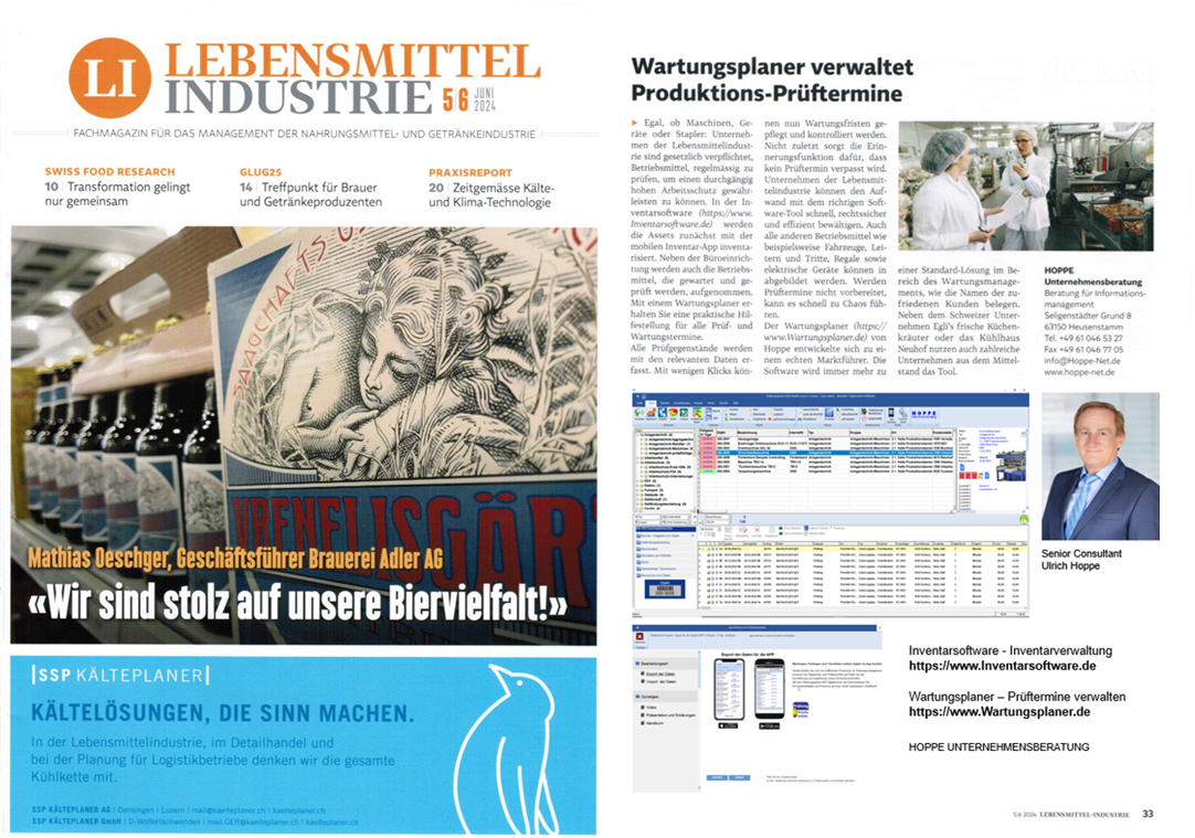 Lebensmittelindustrie Juli/24 - B2B Swiss Medien AG. Wartungsplaner verwaltet Produktions-Pr�ftermine