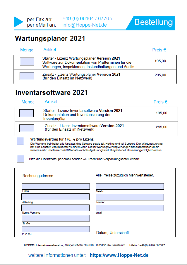 Bestellformular Wartungsplaner 