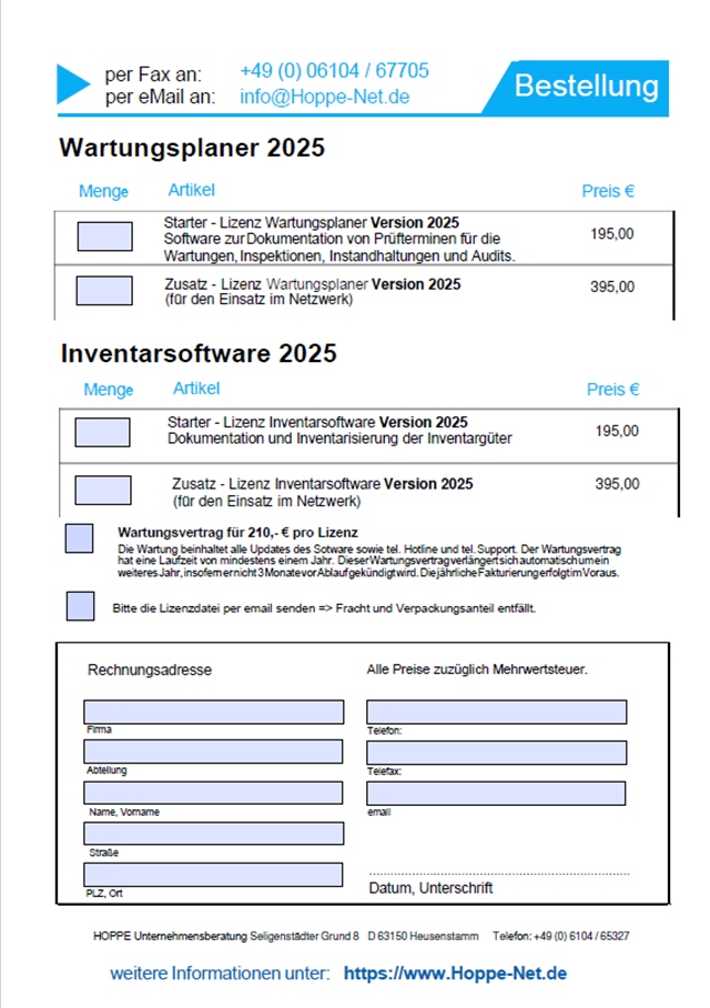 Bestellformular fr den Inventarsoftware