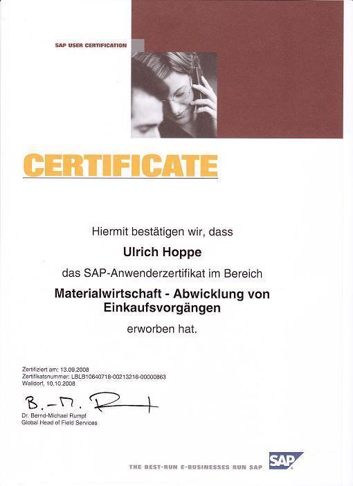 SAP Zertifikat Materialwirtschaft Ulrich Hoppe