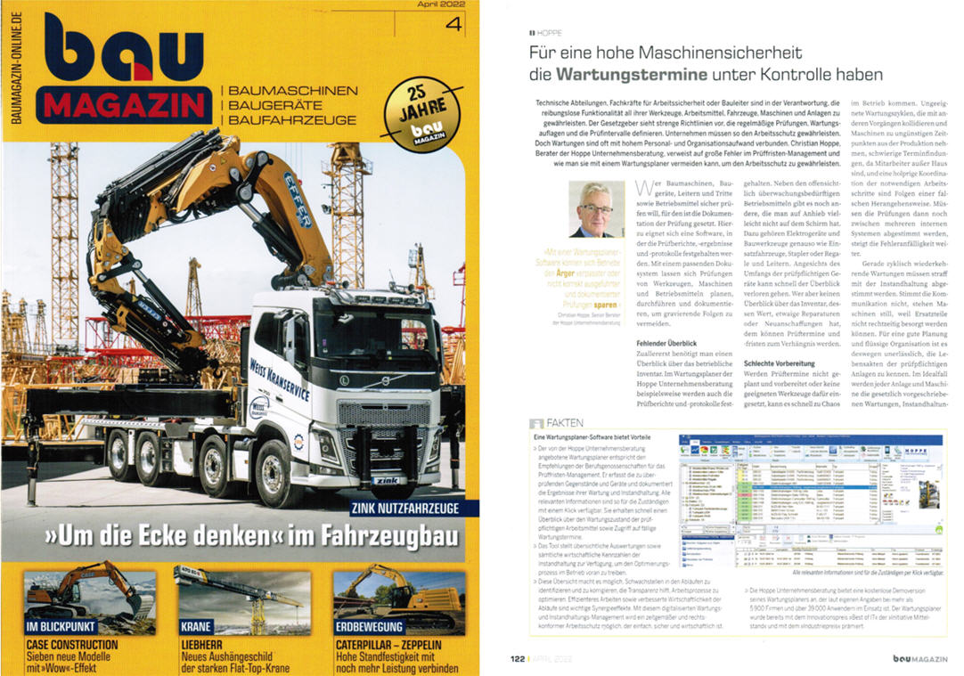 Baumagazin - April/22 - Fr eine hohe Maschinensicherheit die Wartungstermine unter Kontrolle haben