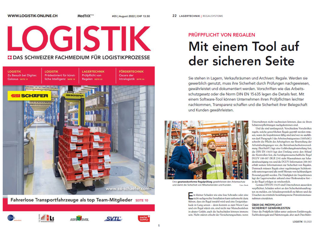 Logistik Schweiz- Das Schweizer Fachmedium für Logistikprozesse / 08-22 Prüfpflicht von Regalen Mit einem Tool auf der sicheren Seite